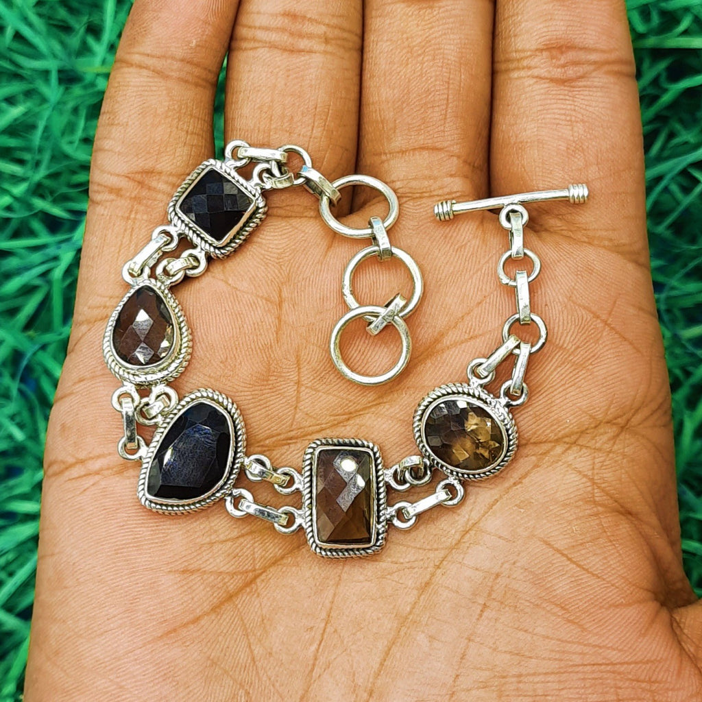 Elegant Handmade Sterling Silver 925 Faceted Smokey Quartz Bracelet Fine Gemstone Jewelry