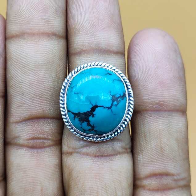 Round Shape Tibetan Firoza Gemstone 925 Sterling Silver Ring