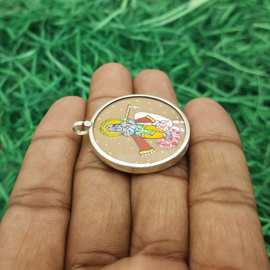 Krishna with Cow Hand-Painted Pendant in 925 Sterling Silver – Sacred Gau Krishna Art