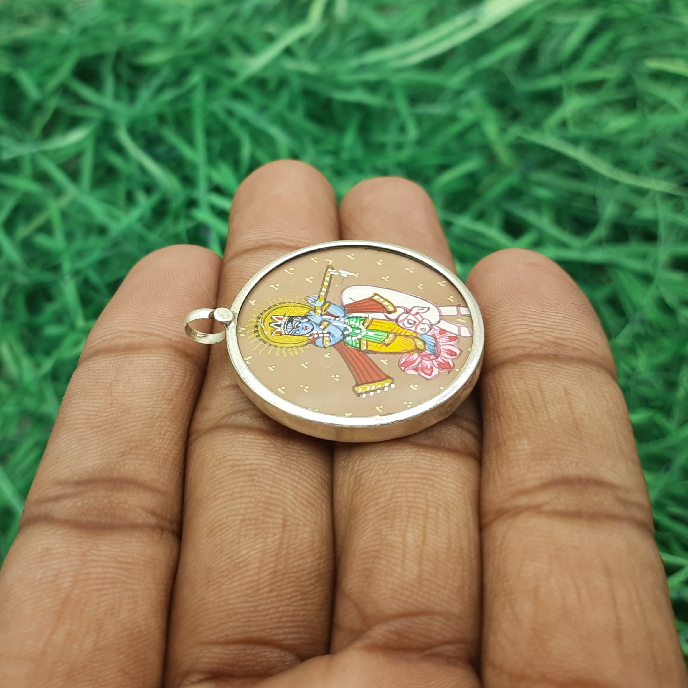Krishna with Cow Hand-Painted Pendant in 925 Sterling Silver – Sacred Gau Krishna Art