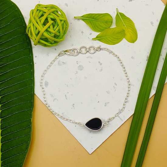 Fine Dainty Black Onyz Drop Silver Chain Bracelet