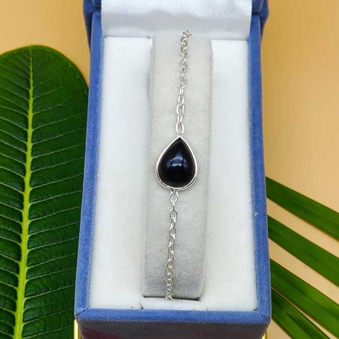 Fine Dainty Black Onyz Drop Silver Chain Bracelet