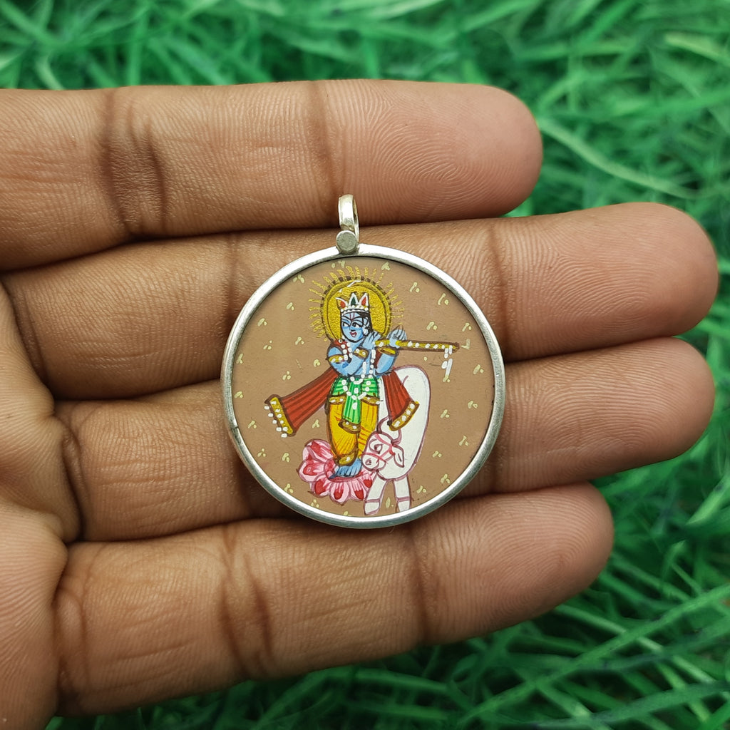 Krishna with Cow Hand-Painted Pendant in 925 Sterling Silver – Sacred Gau Krishna Art
