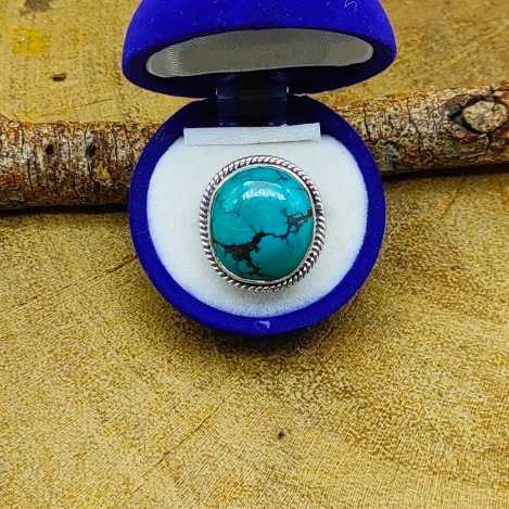 Round Shape Tibetan Firoza Gemstone 925 Sterling Silver Ring