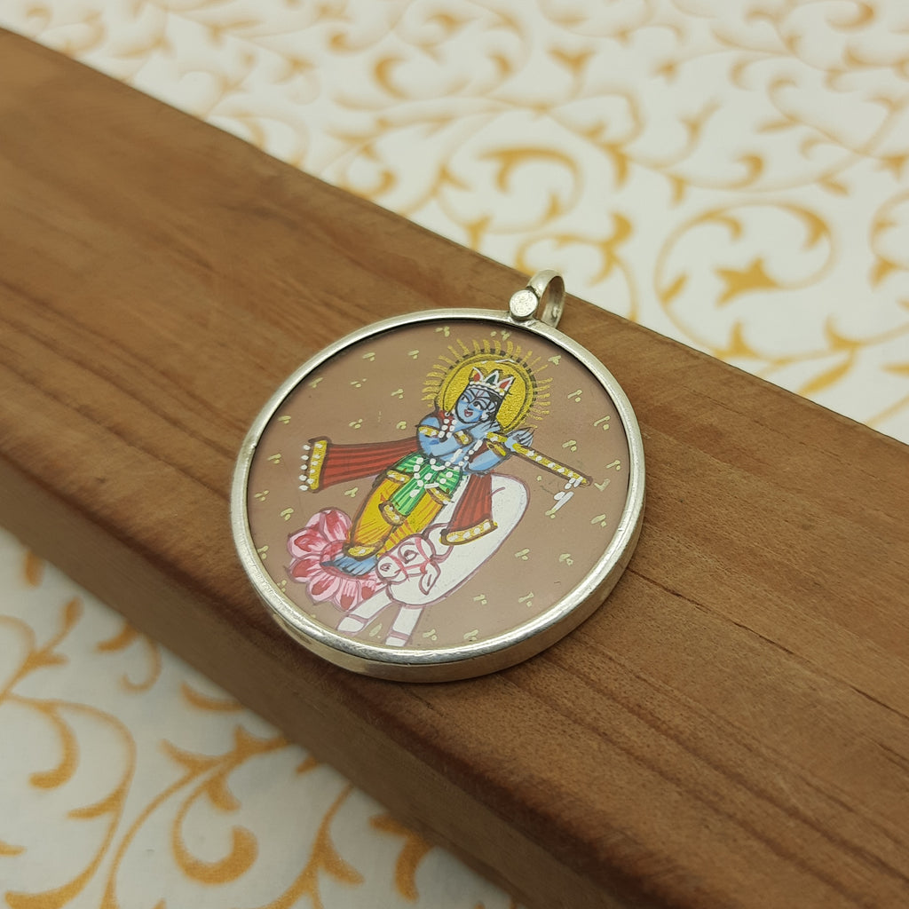 Krishna with Cow Hand-Painted Pendant in 925 Sterling Silver – Sacred Gau Krishna Art