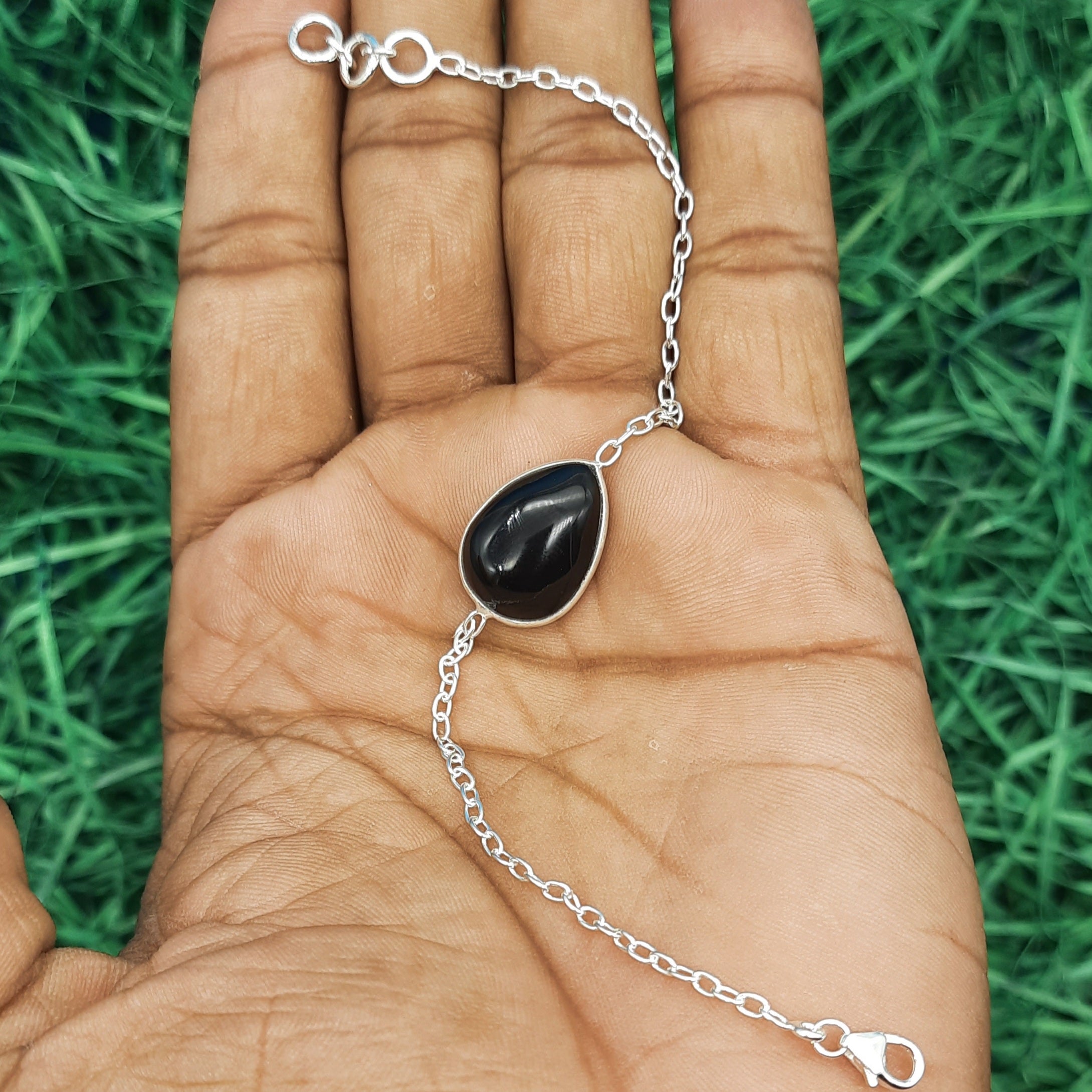 Handmade 925 Sterling Silver Black Onyx Drop Cabochon Bracelet
