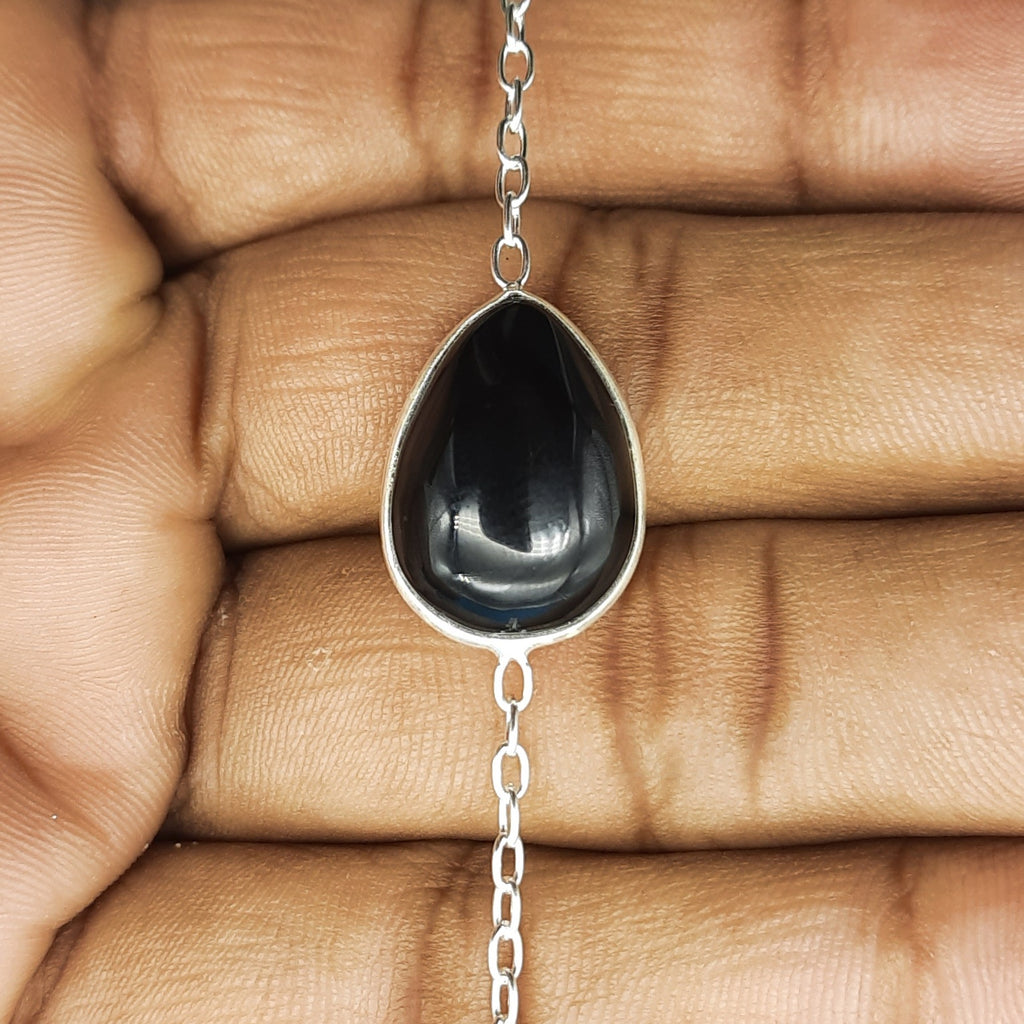 Handmade 925 Sterling Silver Black Onyx Drop Cabochon Bracelet