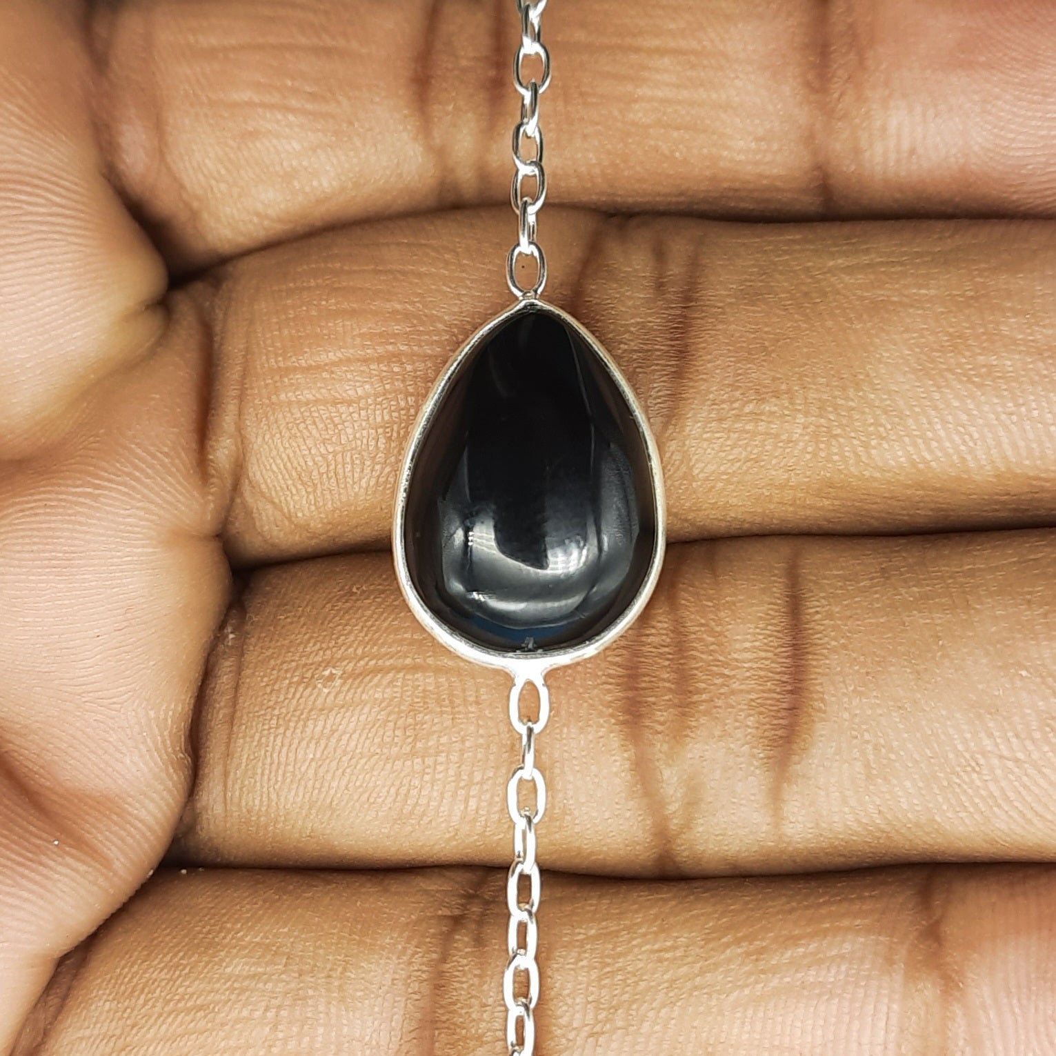 Handmade 925 Sterling Silver Black Onyx Drop Cabochon Bracelet