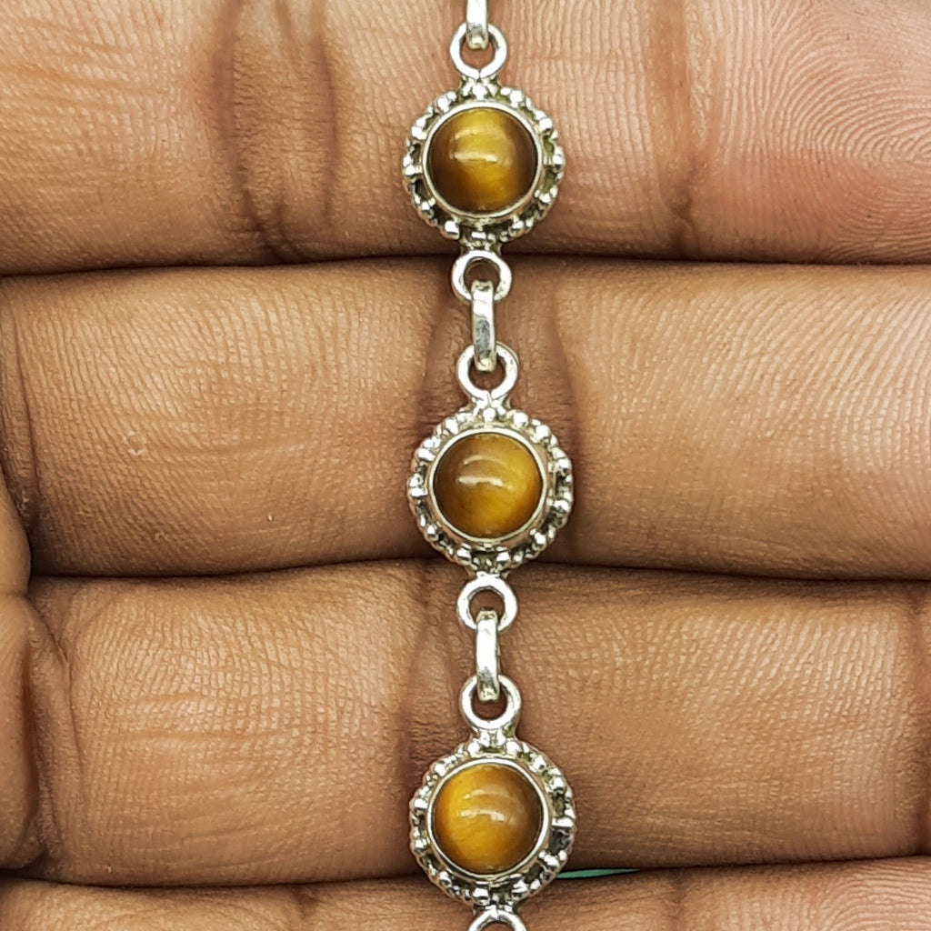 Classic Handmade 925 Sterling Silver Tiger Eye Round Bracelet Timeless Design