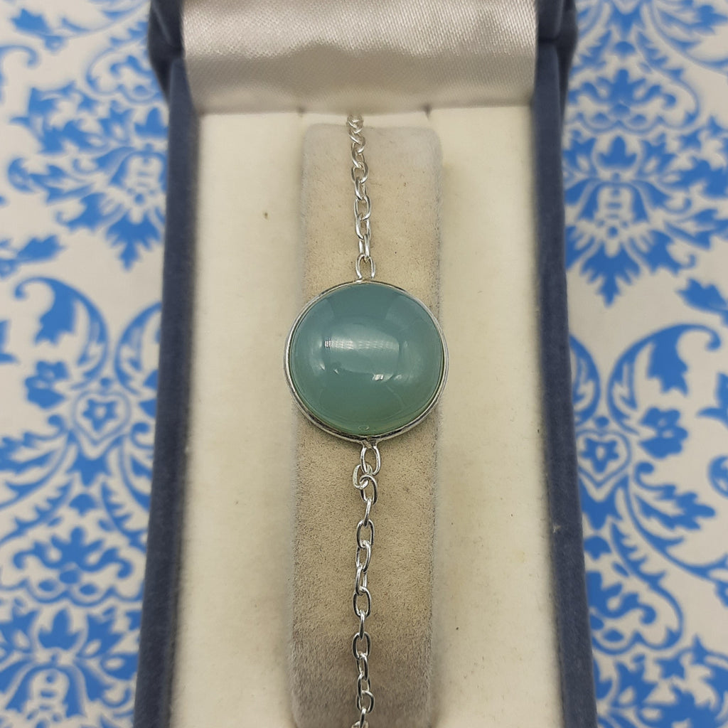 Round Shape Chalcedony Gemstone Handmade Sterling Silver 925 Chain Bracelet