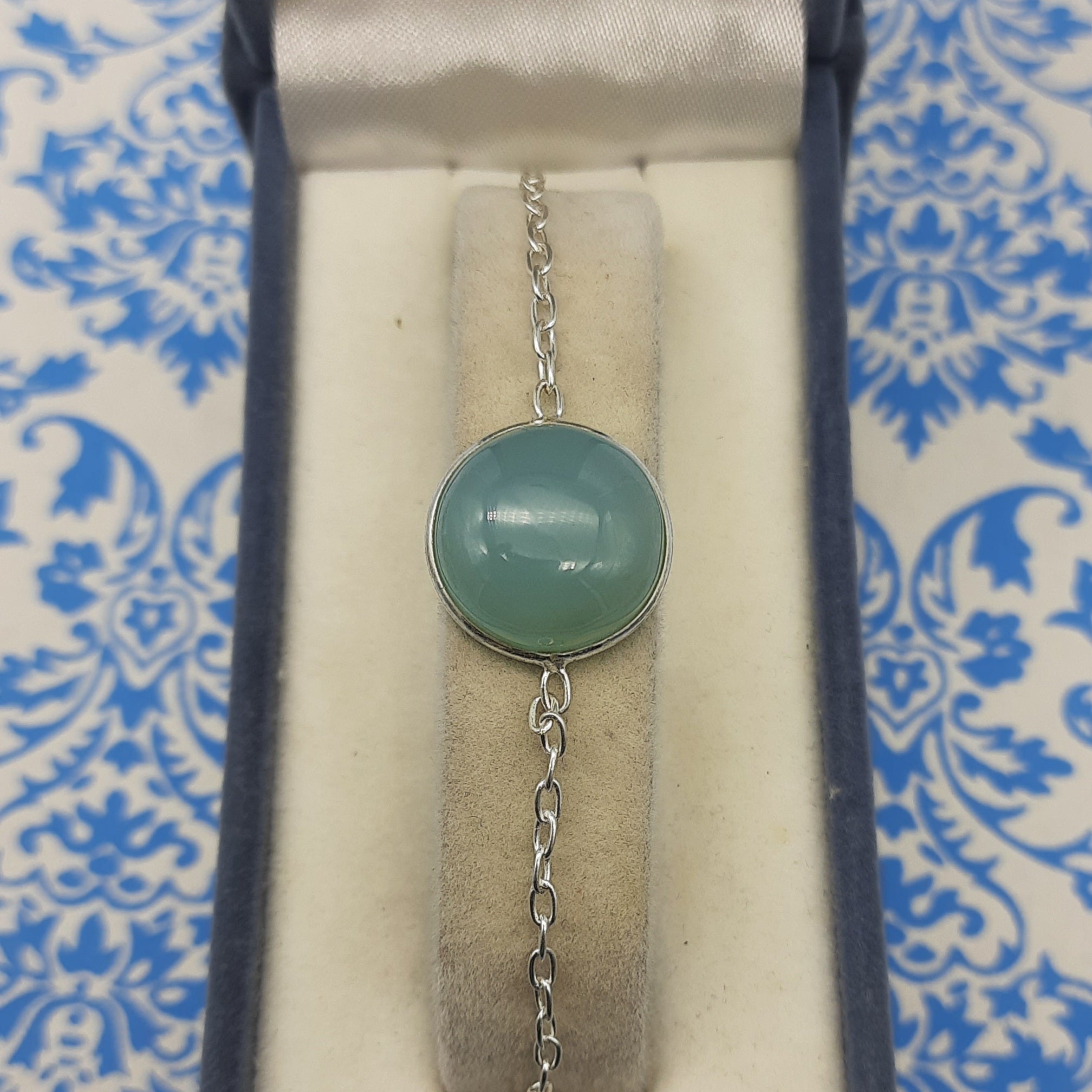 Round Shape Chalcedony Gemstone Handmade Sterling Silver 925 Chain Bracelet