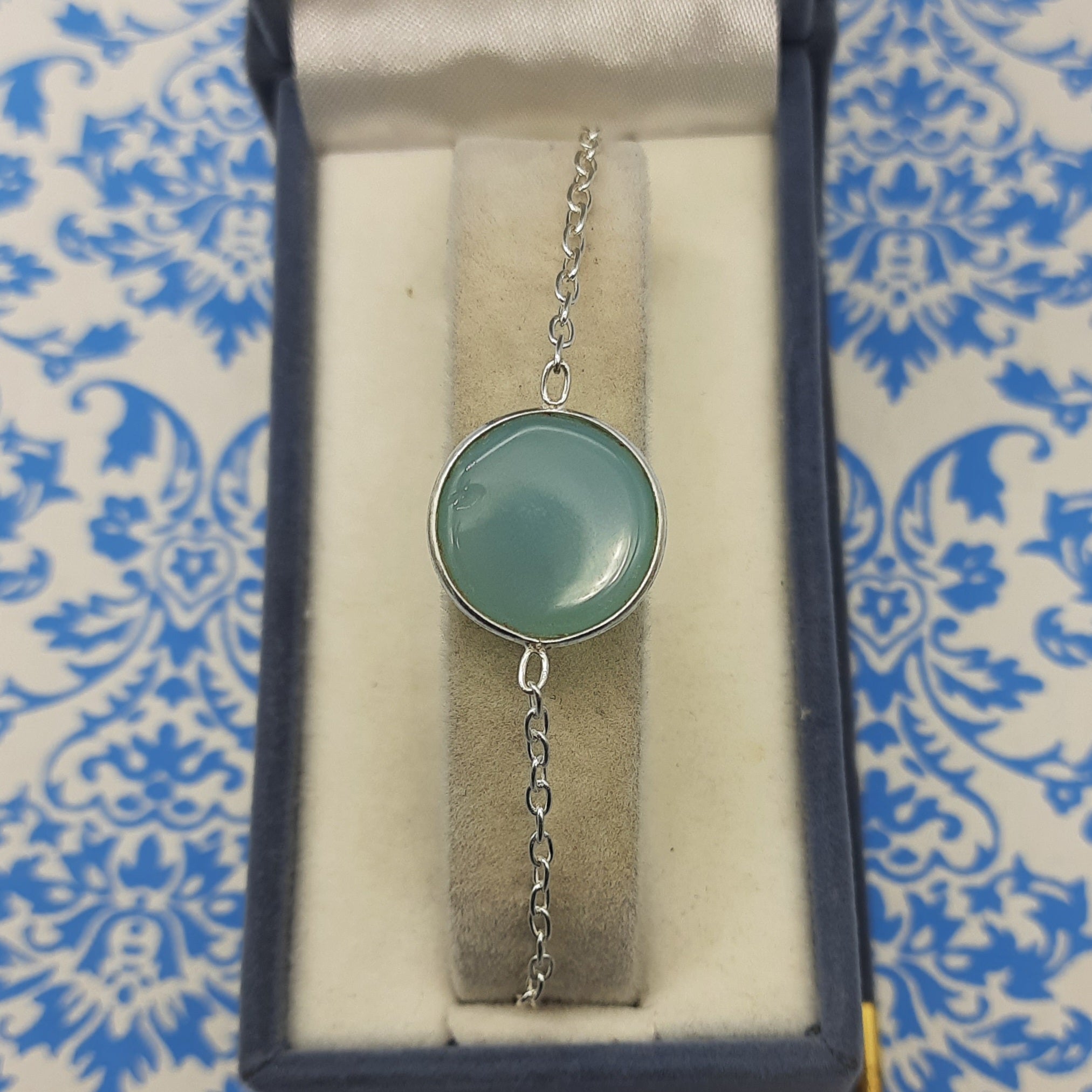 Round Shape Chalcedony Gemstone Handmade Sterling Silver 925 Chain Bracelet