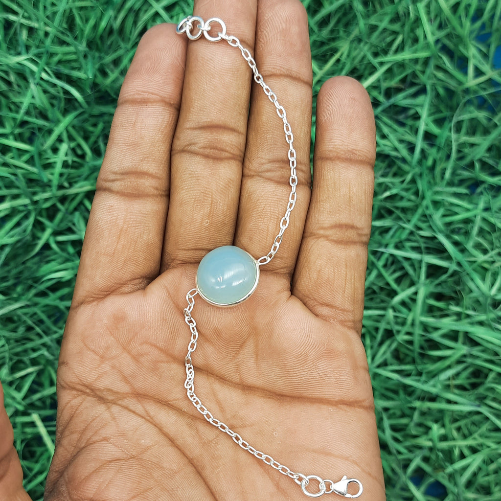 Round Shape Chalcedony Gemstone Handmade Sterling Silver 925 Chain Bracelet