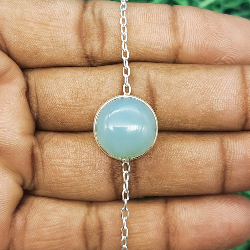 Round Shape Chalcedony Gemstone Handmade Sterling Silver 925 Chain Bracelet