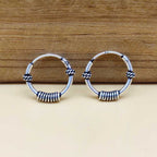 Minimalist 925 Sterling Silver Hoop Earrings with Oxidized Coil Detail