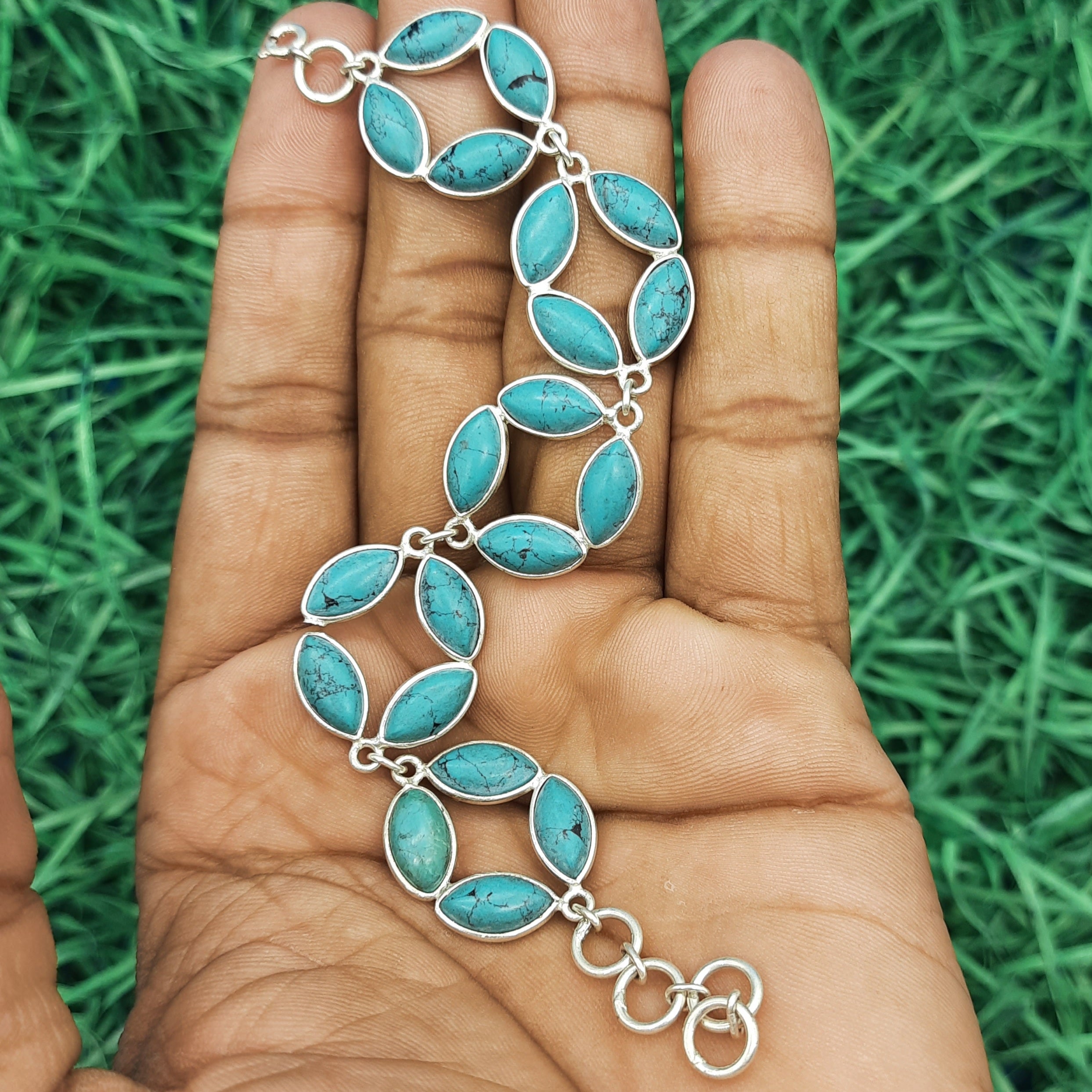 925 Silver Turquoise Marquise Cabochon Bracelet – Handmade Natural Gemstone Jewelry