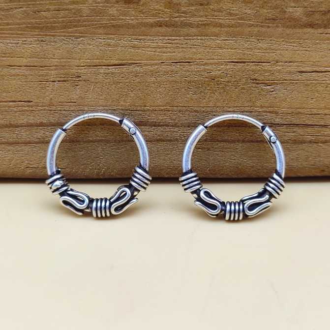 Handcrafted 925 Sterling Silver Bali Hoop Earrings Tribal Wire Wrap