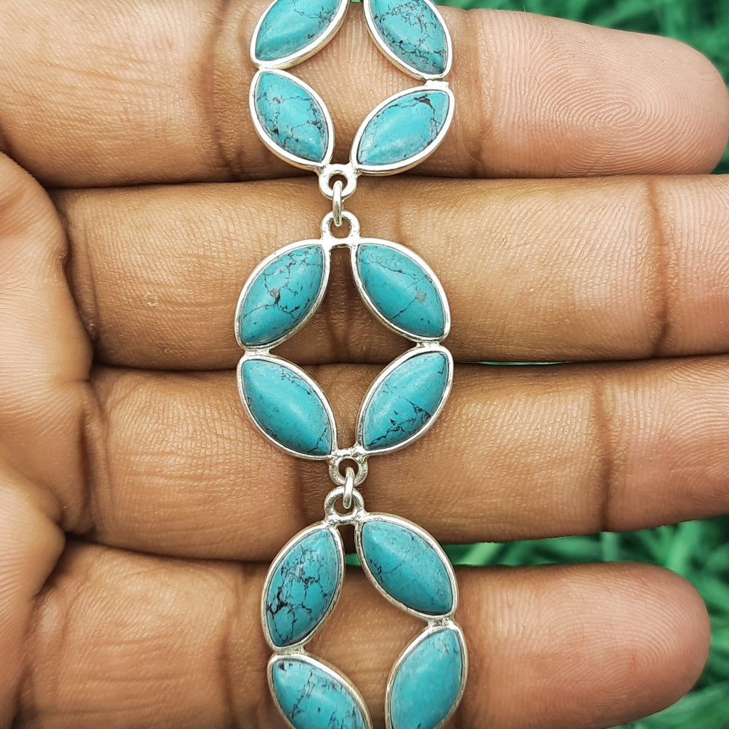 925 Silver Turquoise Marquise Cabochon Bracelet – Handmade Natural Gemstone Jewelry
