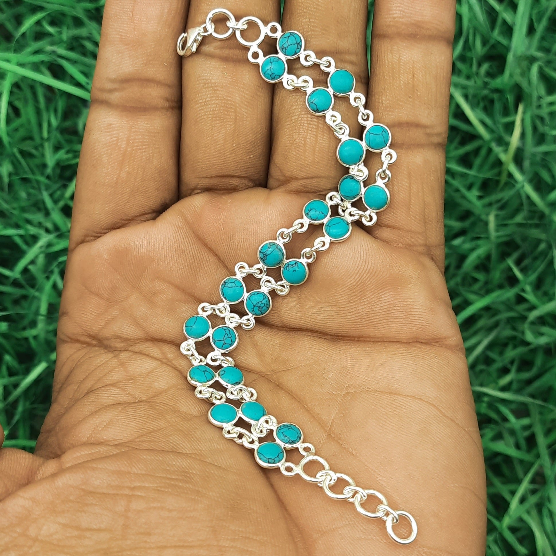 925 Silver Turquoise Round Cabochon Bracelet – Handmade Natural Gemstone Jewelry