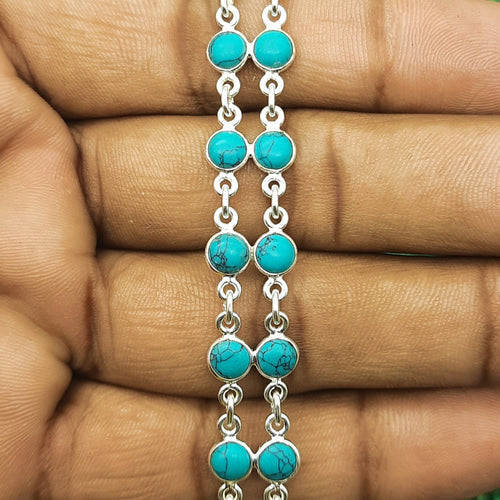 925 Silver Turquoise Round Cabochon Bracelet – Handmade Natural Gemstone Jewelry