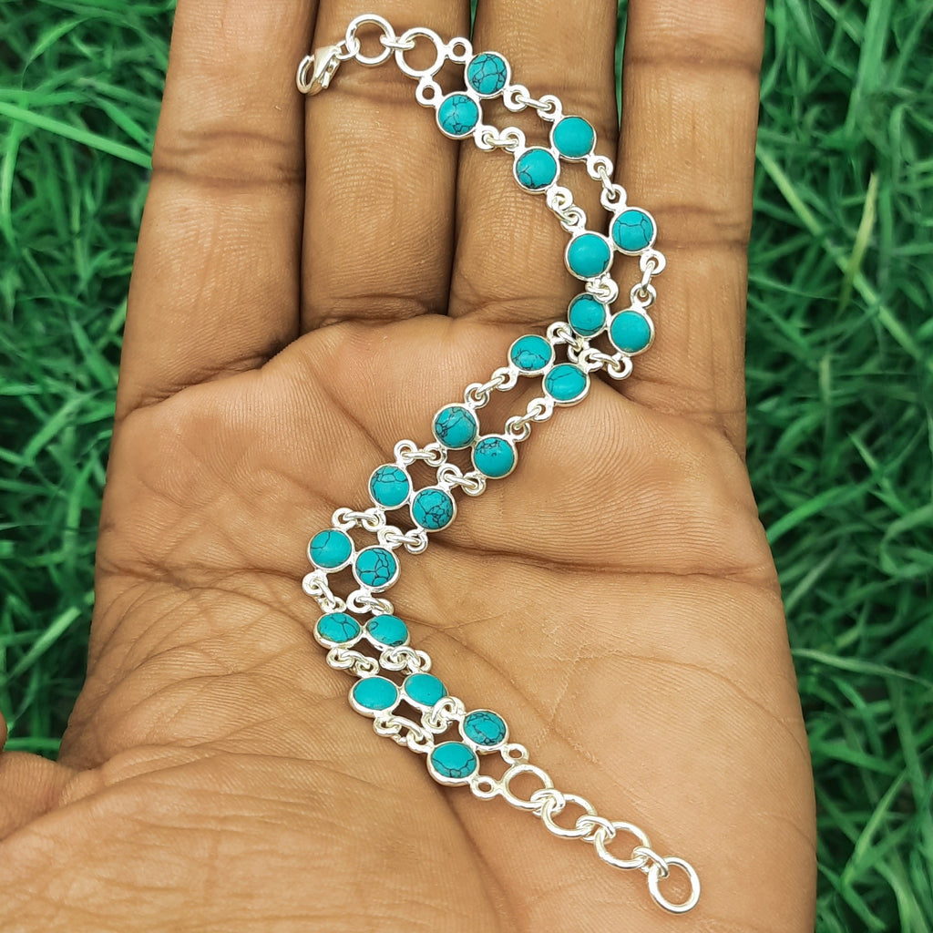 925 Silver Turquoise Round Cabochon Bracelet – Handmade Natural Gemstone Jewelry