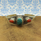 Fine Handmade Coral And Turquoise Bracelet in 925 Sterling Silver Elegant Gemstone Jewelry