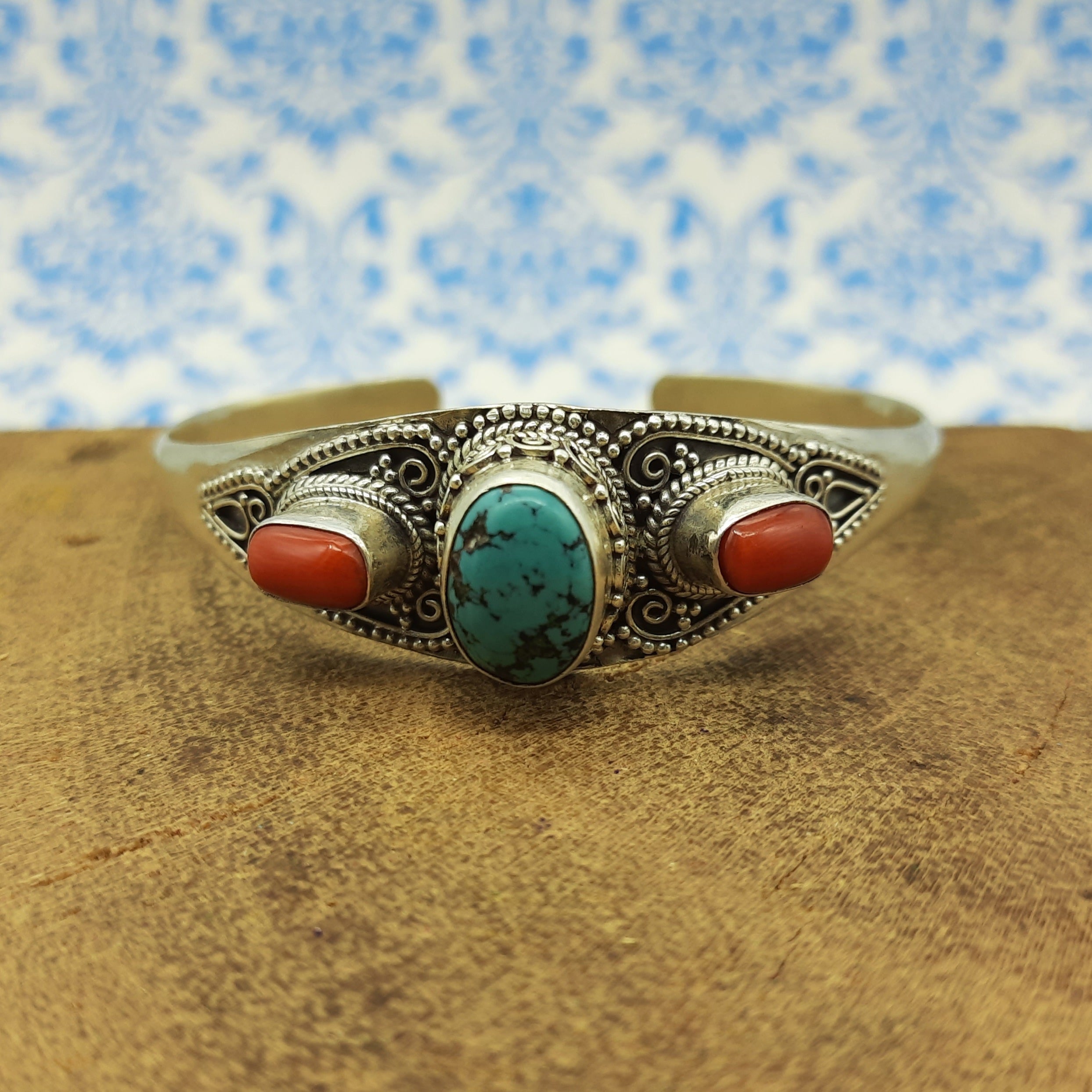 Fine Handmade Coral And Turquoise Bracelet in 925 Sterling Silver Elegant Gemstone Jewelry
