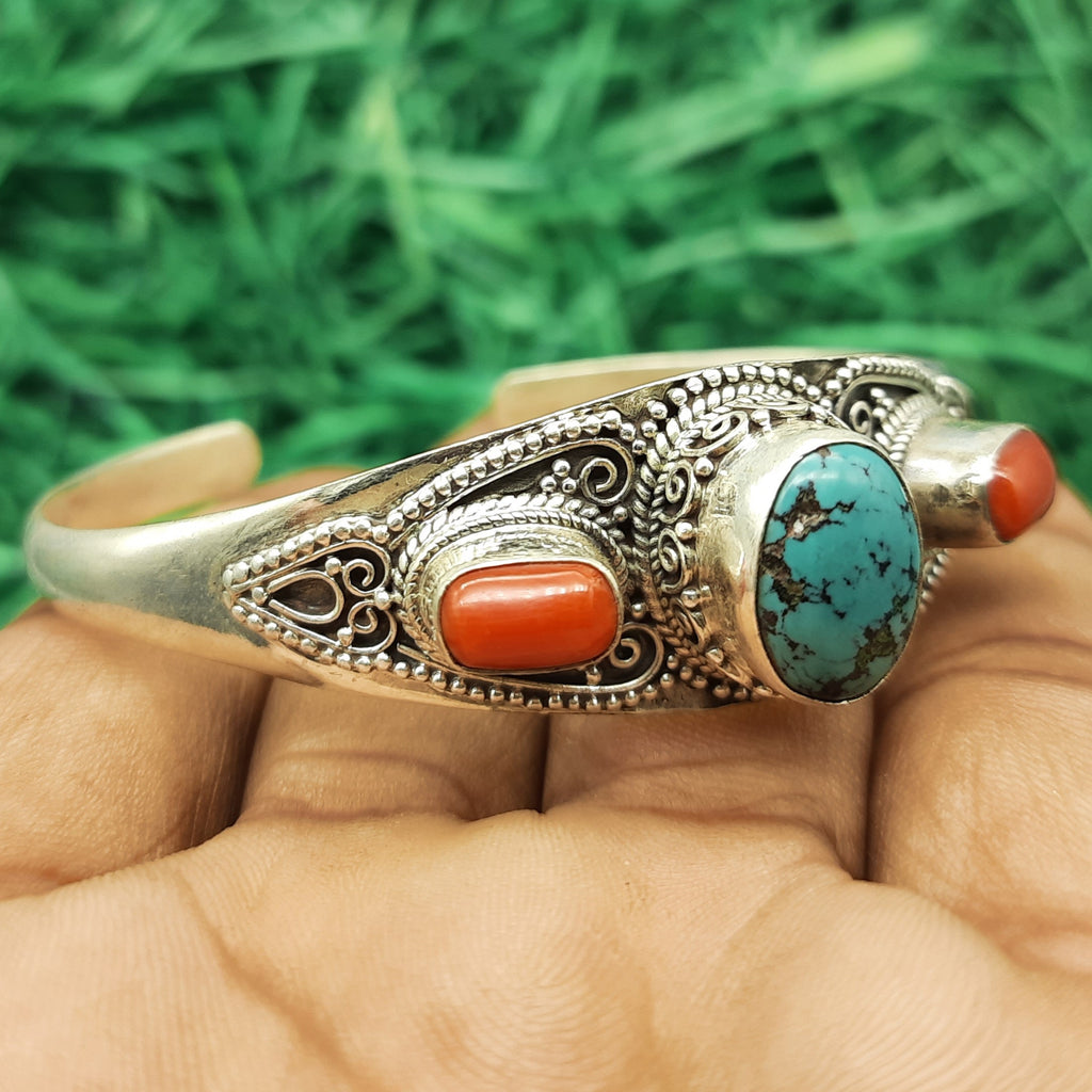 Fine Handmade Coral And Turquoise Bracelet in 925 Sterling Silver Elegant Gemstone Jewelry