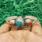 Fine Handmade Coral And Turquoise Bracelet in 925 Sterling Silver Elegant Gemstone Jewelry