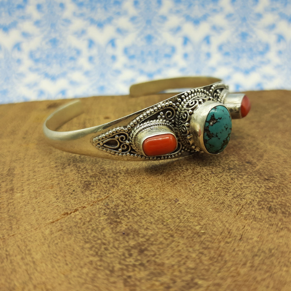 Fine Handmade Coral And Turquoise Bracelet in 925 Sterling Silver Elegant Gemstone Jewelry