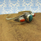Fine Handmade Coral And Turquoise Bracelet in 925 Sterling Silver Elegant Gemstone Jewelry