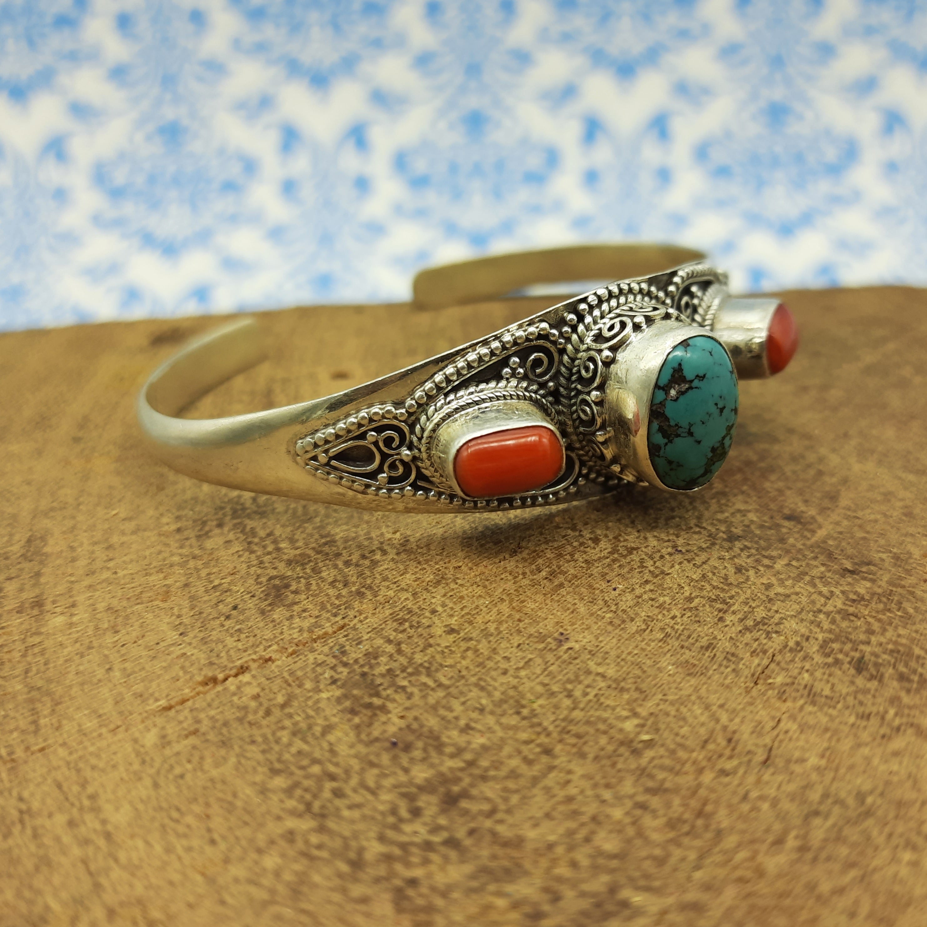 Fine Handmade Coral And Turquoise Bracelet in 925 Sterling Silver Elegant Gemstone Jewelry