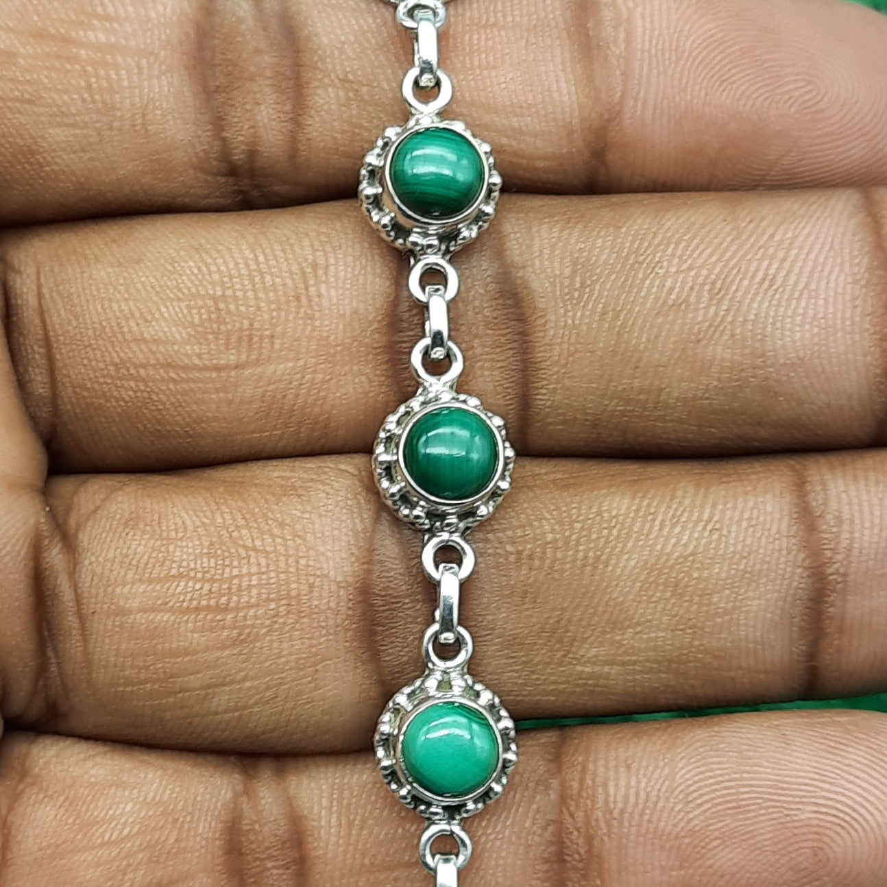Handmade Sterling Silver 925 Malachite Round Shape Bracelet Elegant Gemstone Design