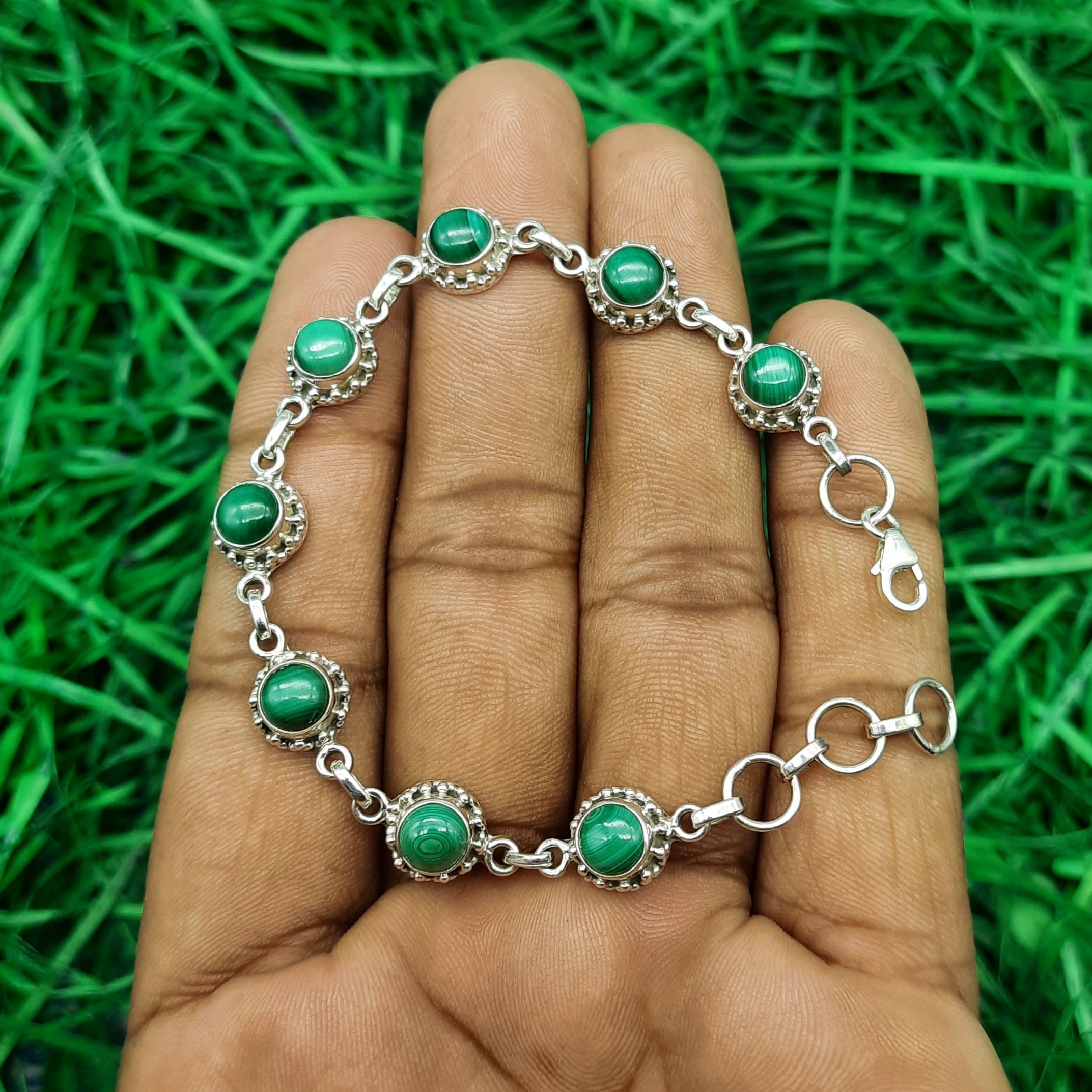 Handmade Sterling Silver 925 Malachite Round Shape Bracelet Elegant Gemstone Design