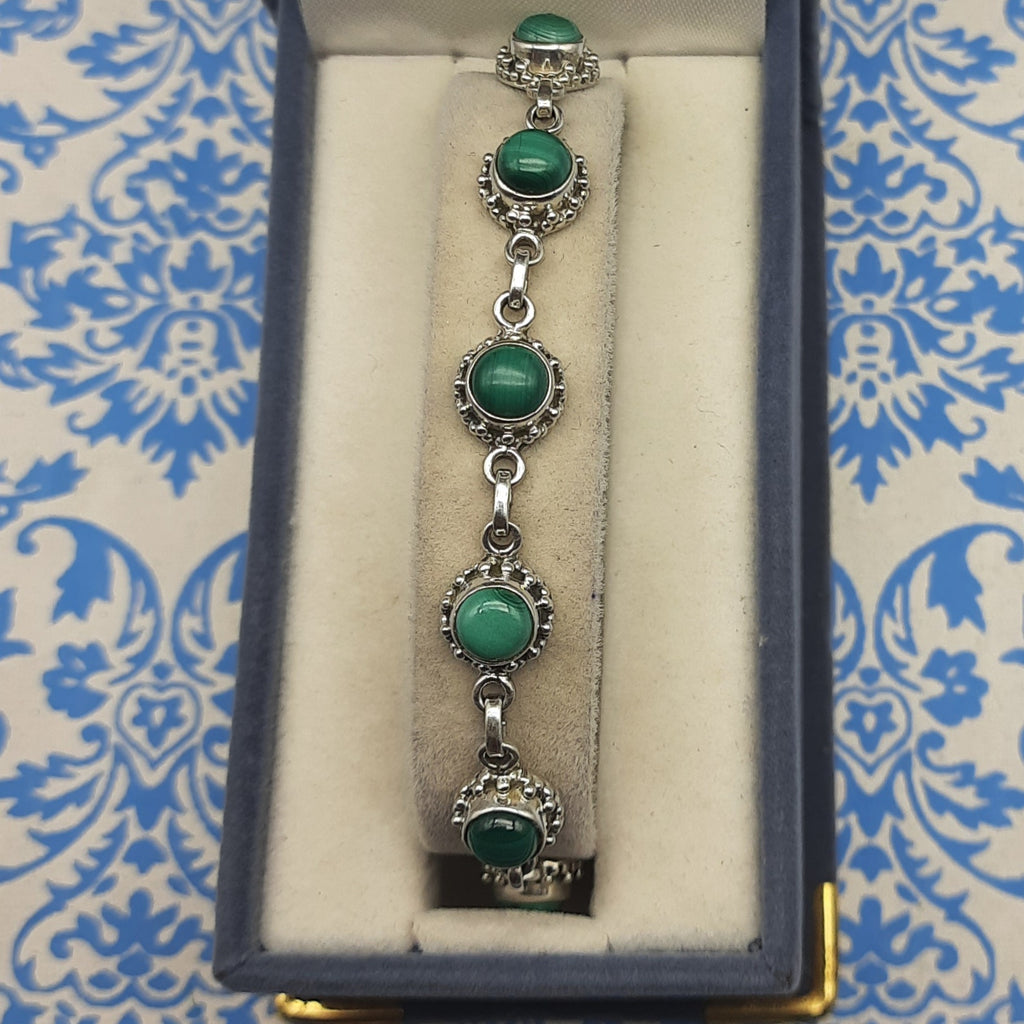 Handmade Sterling Silver 925 Malachite Round Shape Bracelet Elegant Gemstone Design
