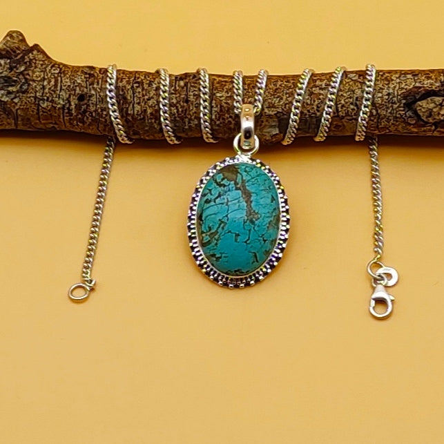 Tibetan Turquoise Handmade 925 Silver Oval Pendant