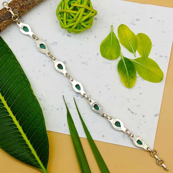 Artisan Crafted Drop Shape Malachite Gemstone Silver Link Bracelet