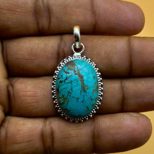 Tibetan Turquoise Handmade 925 Silver Oval Pendant