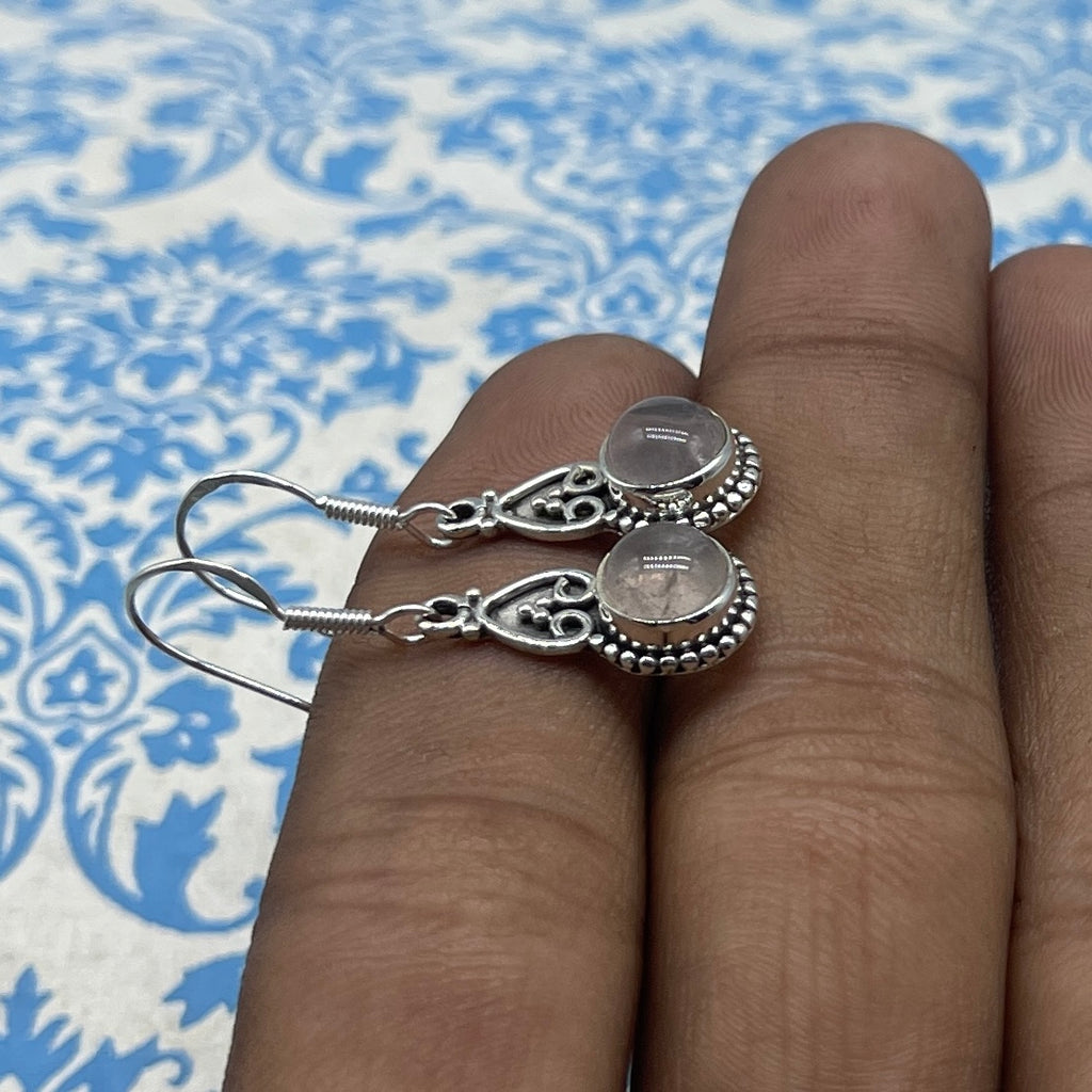 925 Silver Rose Quartz Gemstone Earring - Natural Round Gemstone