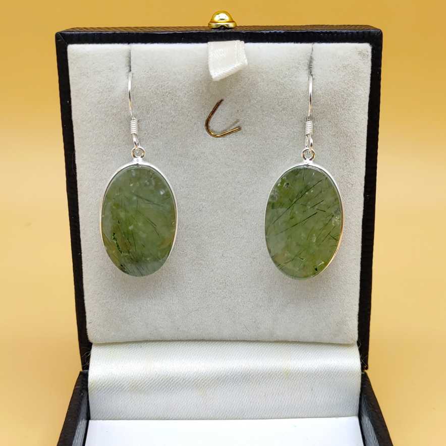 Natural Prehnite Gemstone 925 Sterling Silver Dangle Earrings