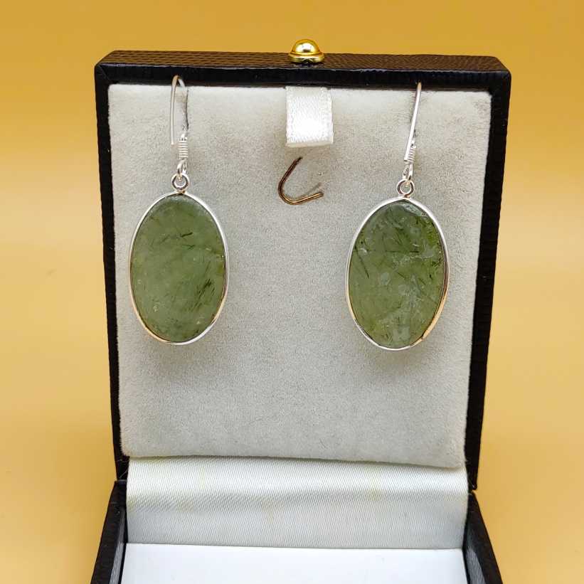 Natural Prehnite Gemstone 925 Sterling Silver Dangle Earrings