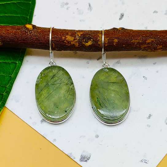 Natural Prehnite Gemstone 925 Sterling Silver Dangle Earrings