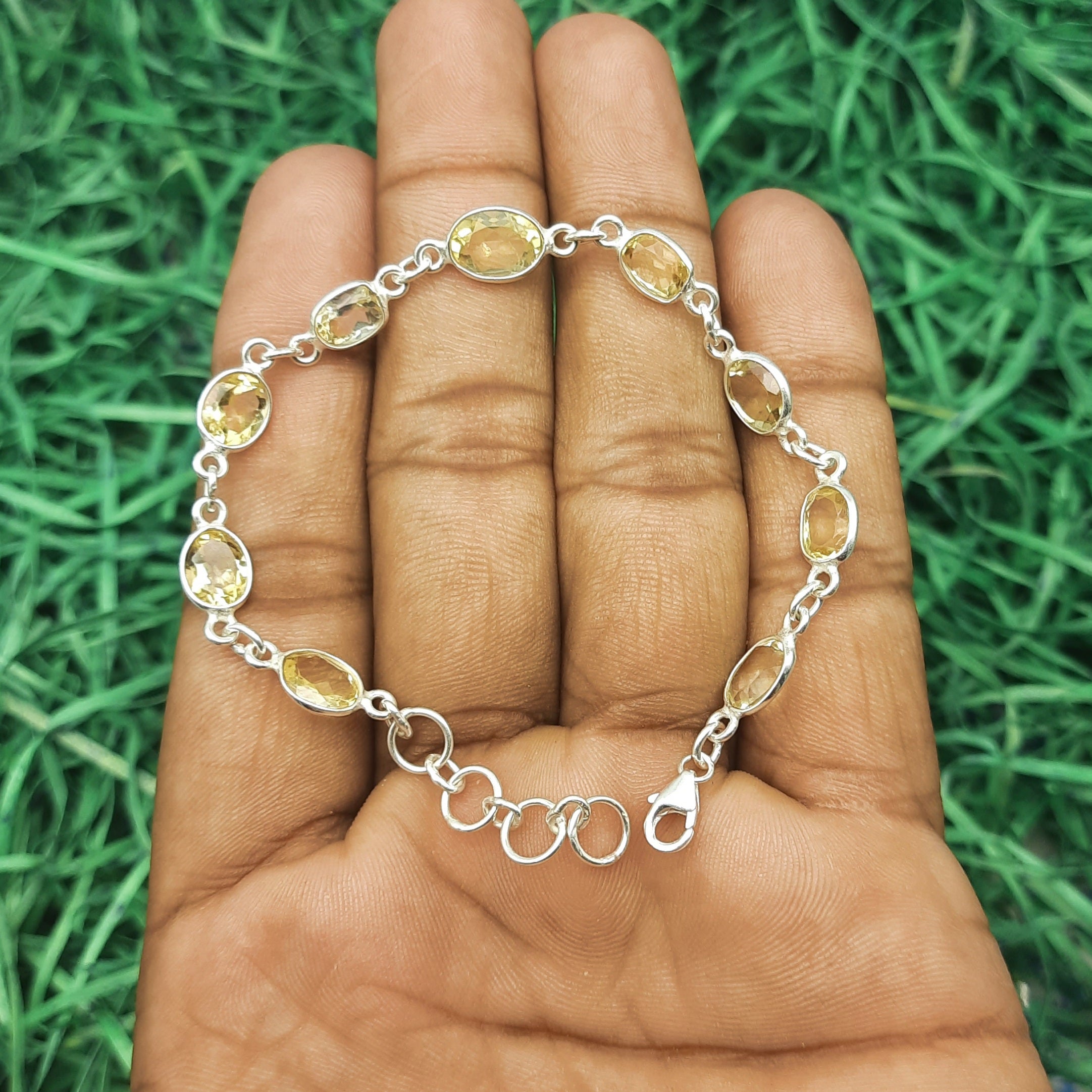 925 Sterling Silver Citrine Bracelet Handmade Fine Gemstone Link Jewelry