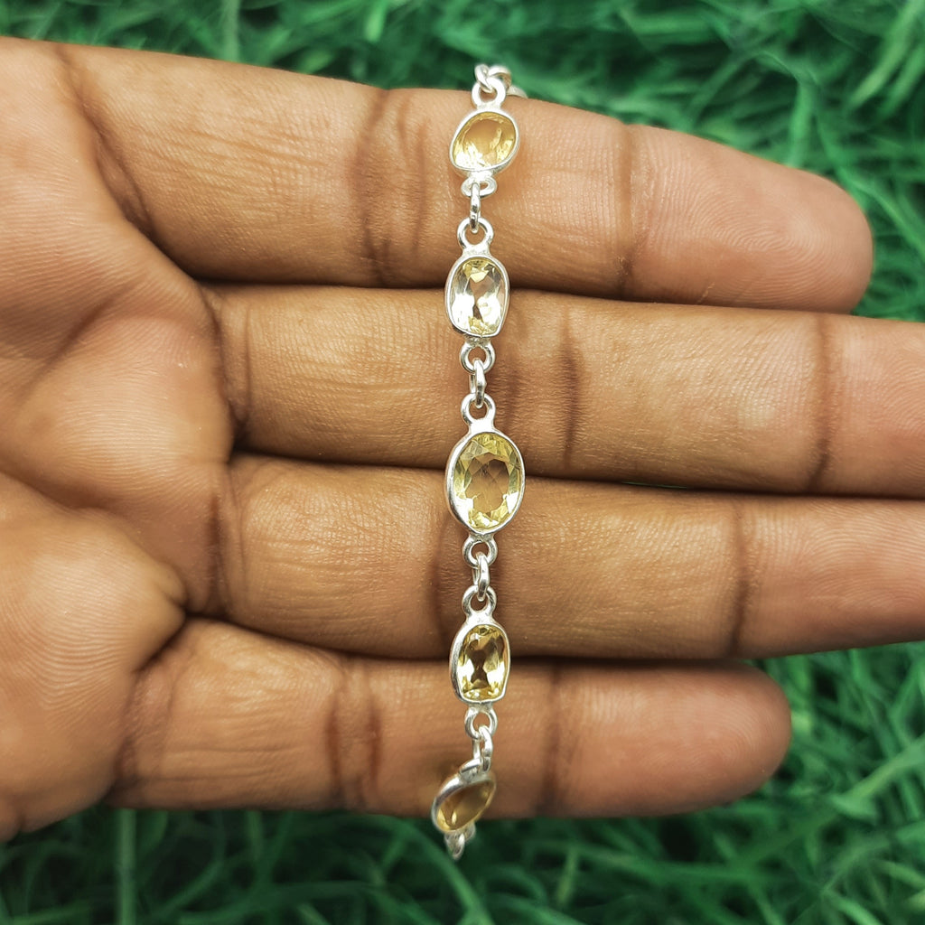 925 Sterling Silver Citrine Bracelet Handmade Fine Gemstone Link Jewelry