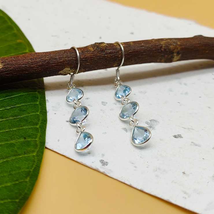 Handmade Blue Topaz Dangler Earring In 925 Solid Sterling Silver