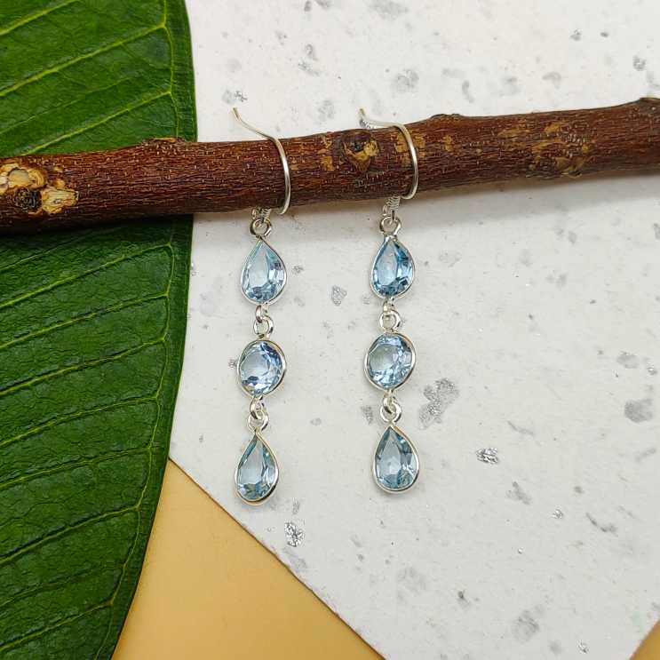 Handmade Blue Topaz Dangler Earring In 925 Solid Sterling Silver