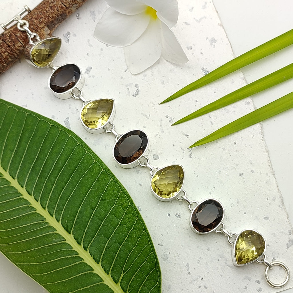 Handmade 925 Sterling Silver Lemon Topaz, Smoky Quartz Bracelet Elegant Multi Shape Design