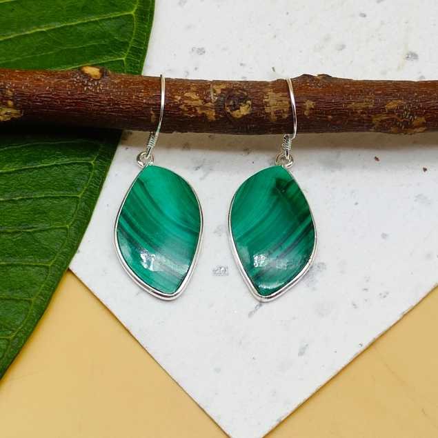 Natural Malachite Gemstone 925 Sterling Silver Dangle Earrings