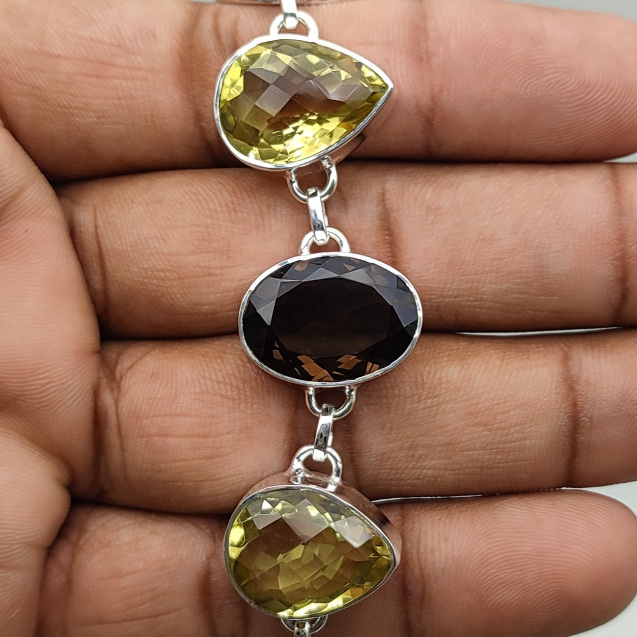 Handmade 925 Sterling Silver Lemon Topaz, Smoky Quartz Bracelet Elegant Multi Shape Design