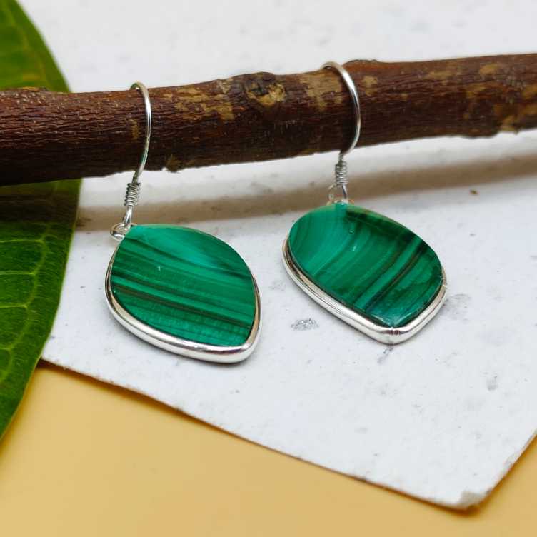 Natural Malachite Gemstone 925 Sterling Silver Dangle Earrings
